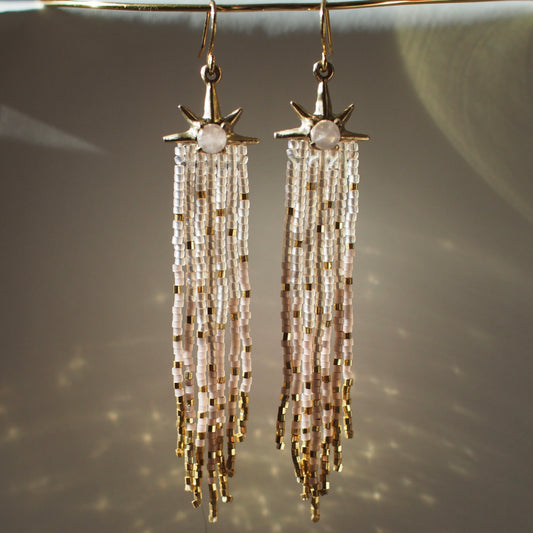 Beaded Comet Earrings - Rose Quartz