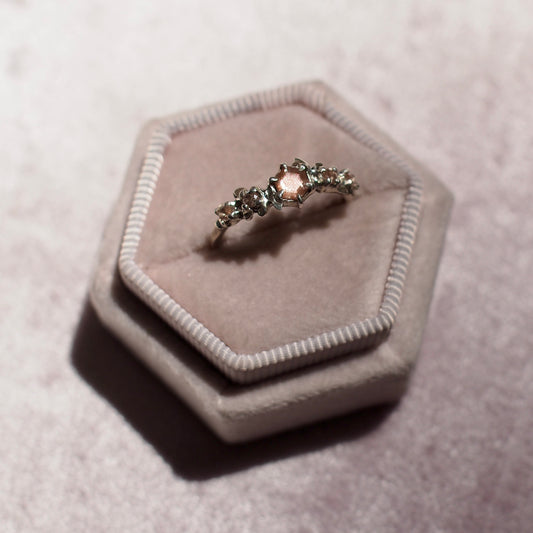 Hexagonal Oregon Sunstone floral wreath ring in sterling silver made by Iron Oxide Designs, One of a kind