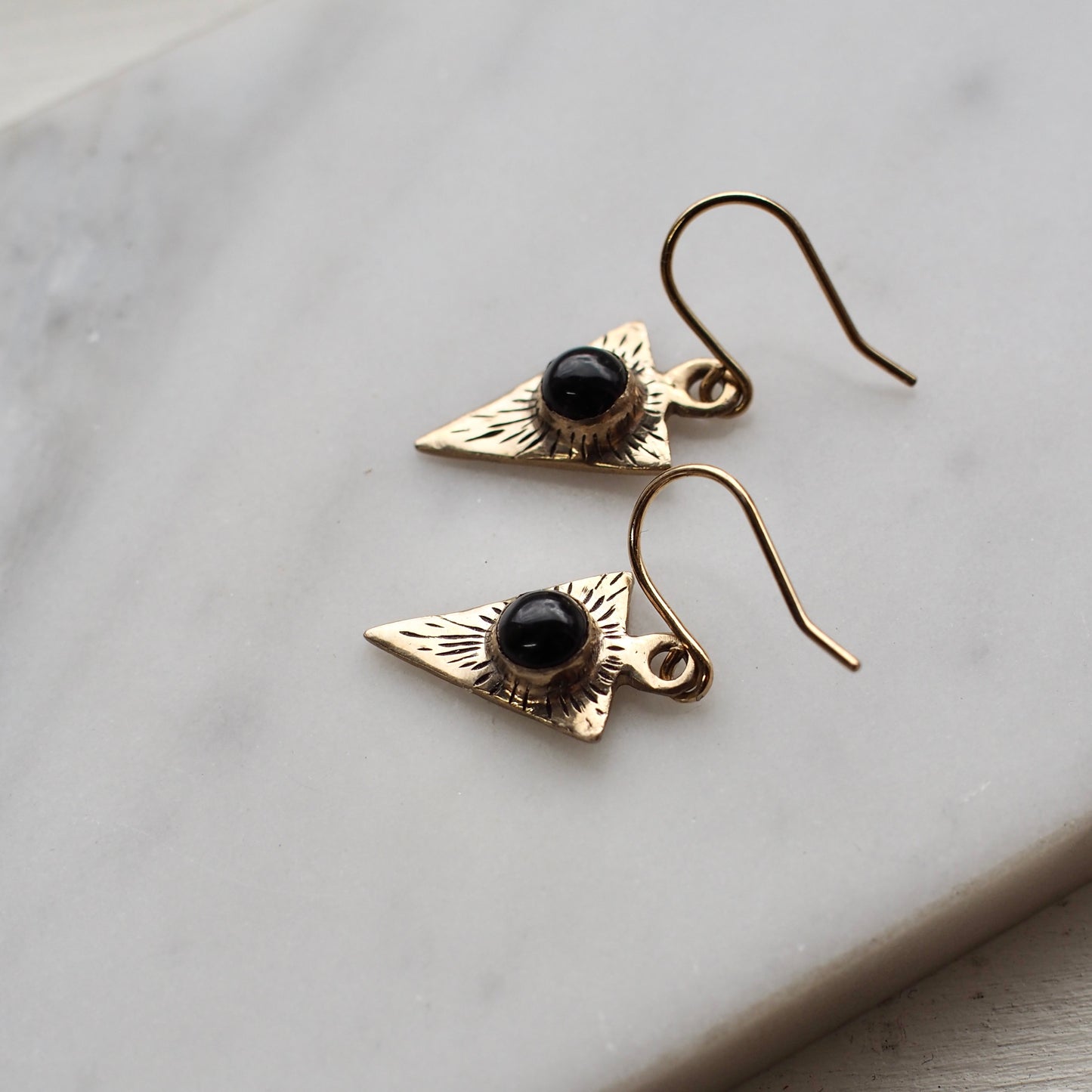 Engraved Onyx Dart Earrings - One of a Kind