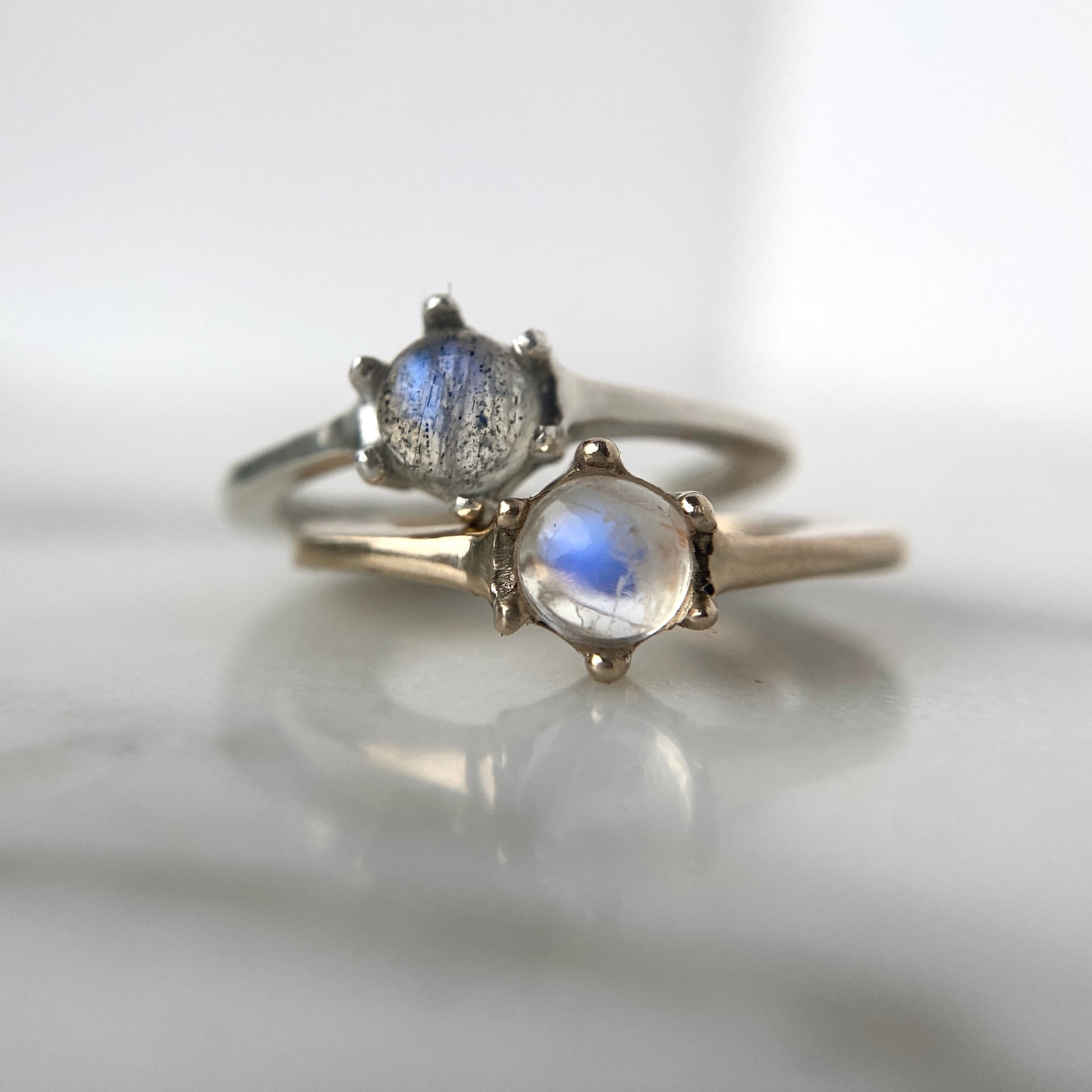 Delicate 5mm gemstone rings in labradorite and moonstone in gold tone bronze and sterling silver