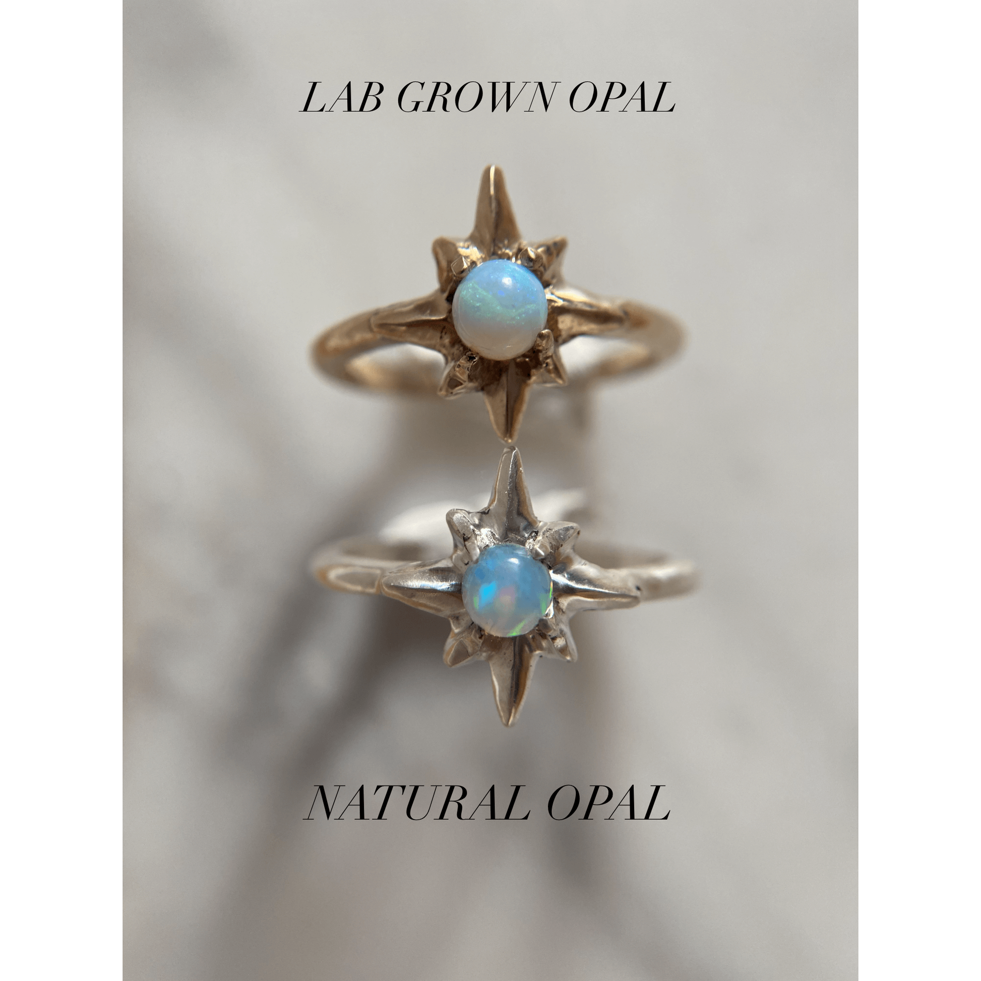 Silver north star ring set with a 5mm sustainably sourced opal compared with a lab created opa set in gold tone bronze, made by Iron Oxide Designs
