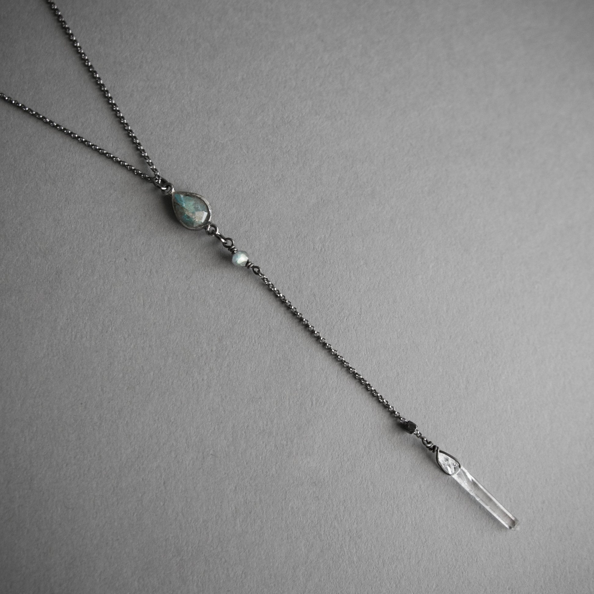 Labradorite lariat y necklace with crystal drop