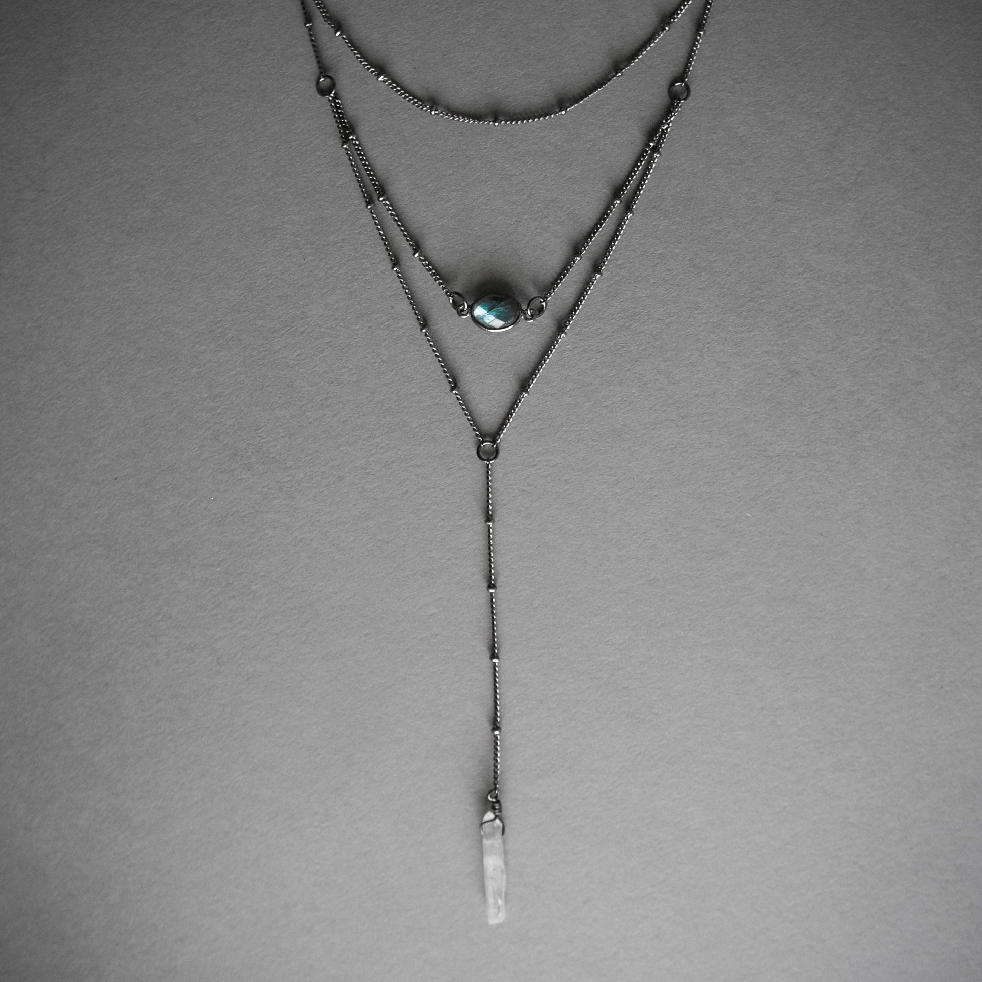 Layered Labradorite Lariat Necklace with crystal drop set on a dotted gunmetal chain