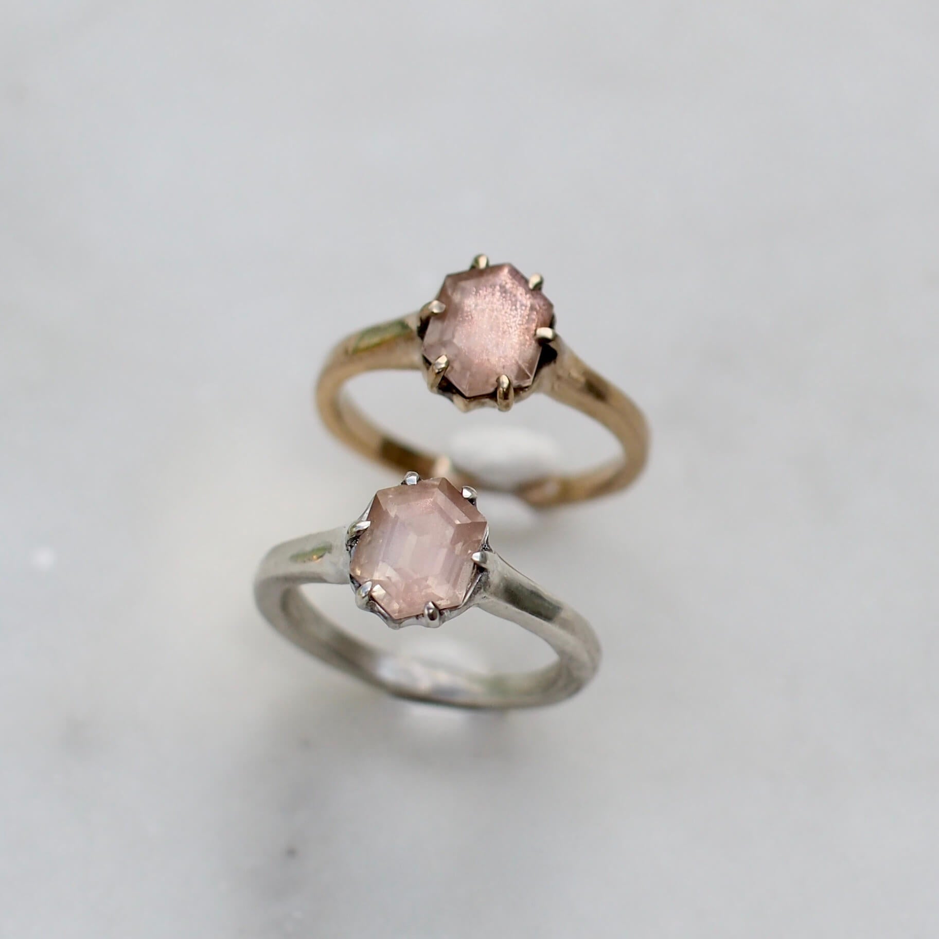 Oregon Sunstone hexagonal rings set in sterling silver or gold tone bronze, handmade by Iron Oxide Designs
