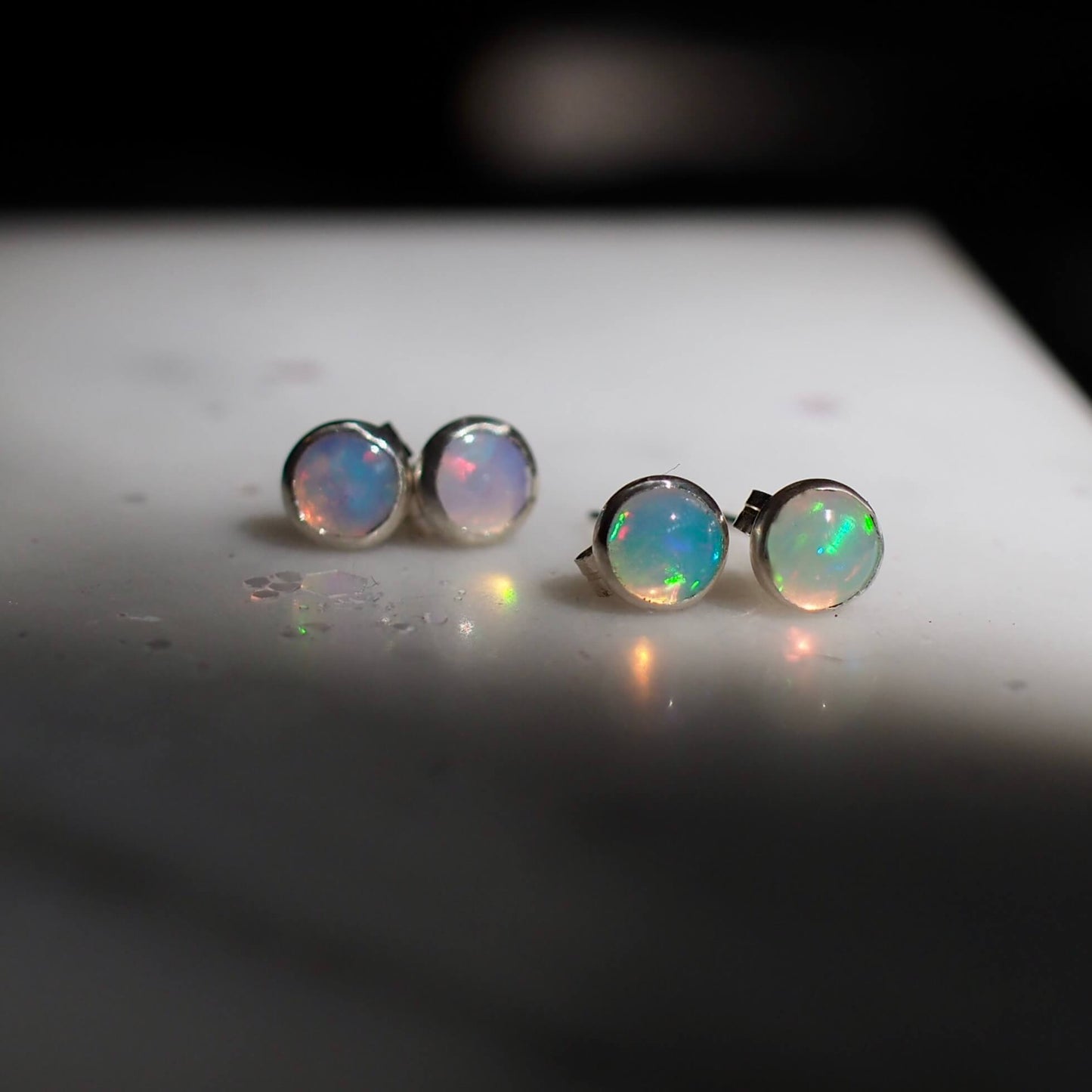 Sustainably sourced opal stud earrings in sterling silver and gold fill