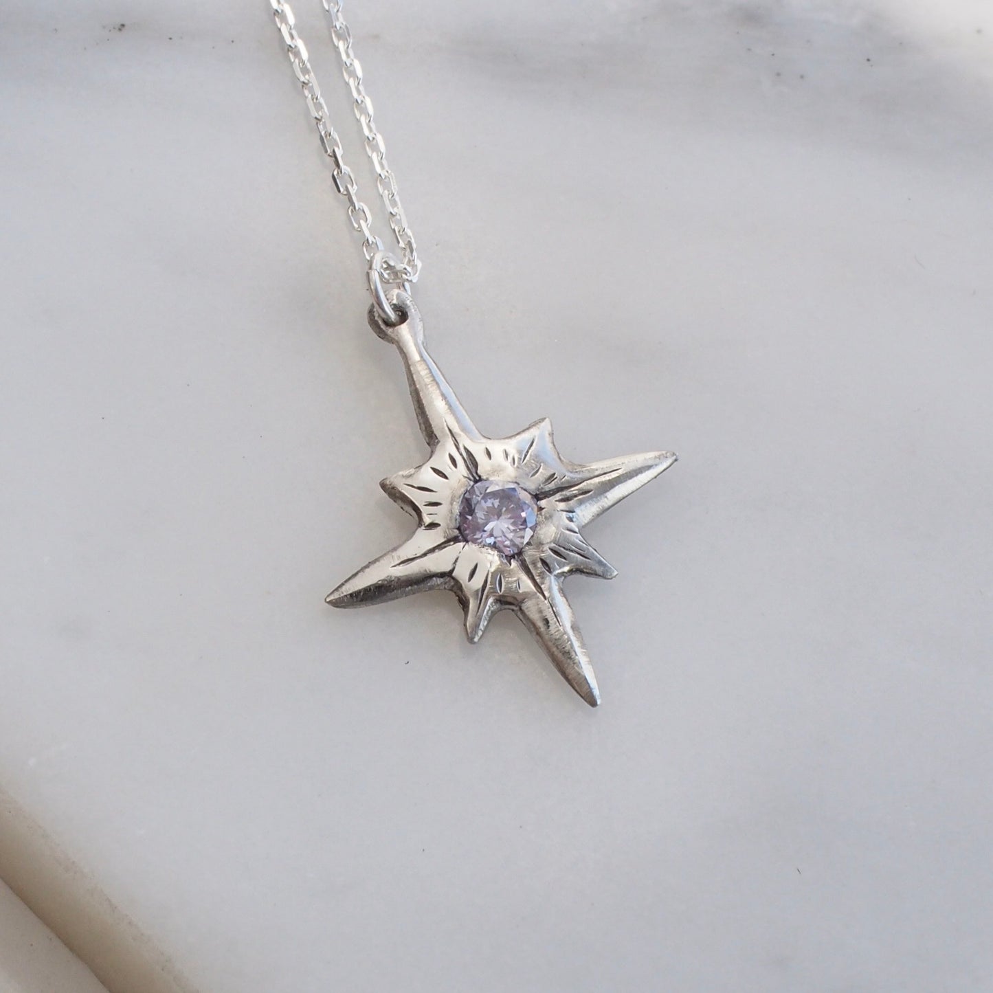 Lavender CZ Engraved Silver Necklace