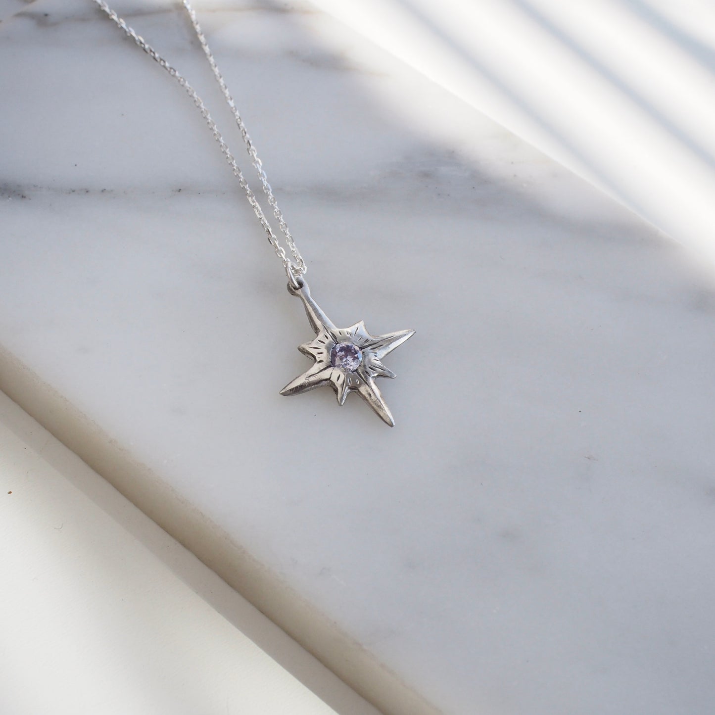 Lavender CZ Engraved Silver Necklace