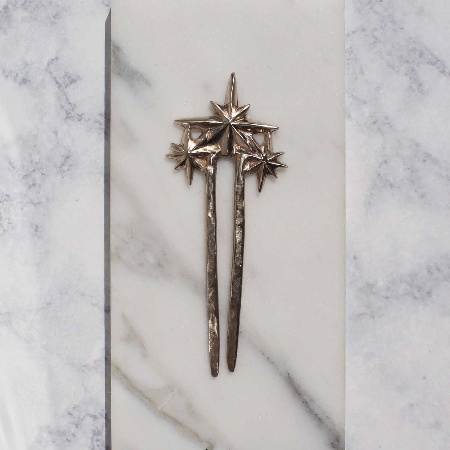 Constellation Star Hair Pin, cast in gold tone bronze, handmade in the USA by Iron Oxide Edit alt text