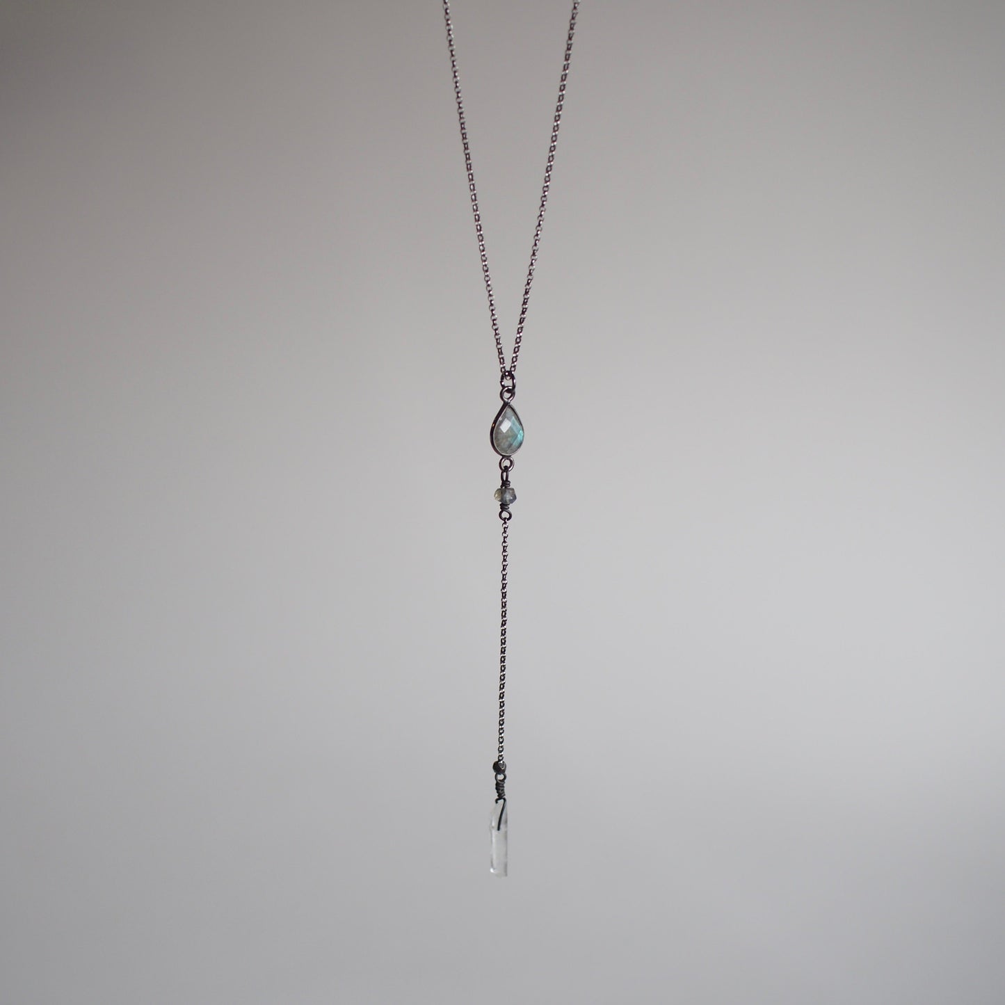 Labradorite lariat y necklace with crystal drop