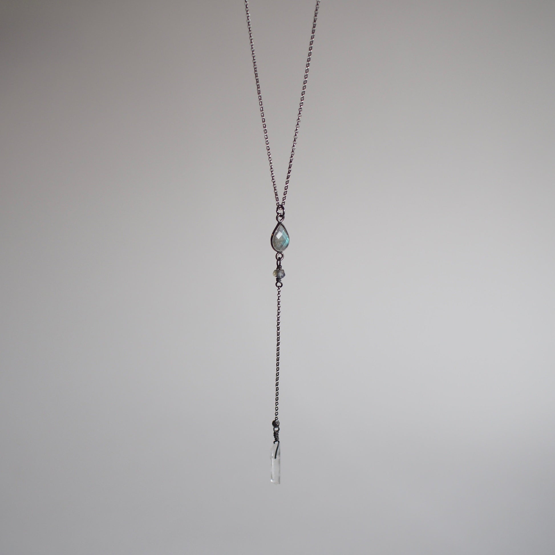 Labradorite lariat y necklace with crystal drop