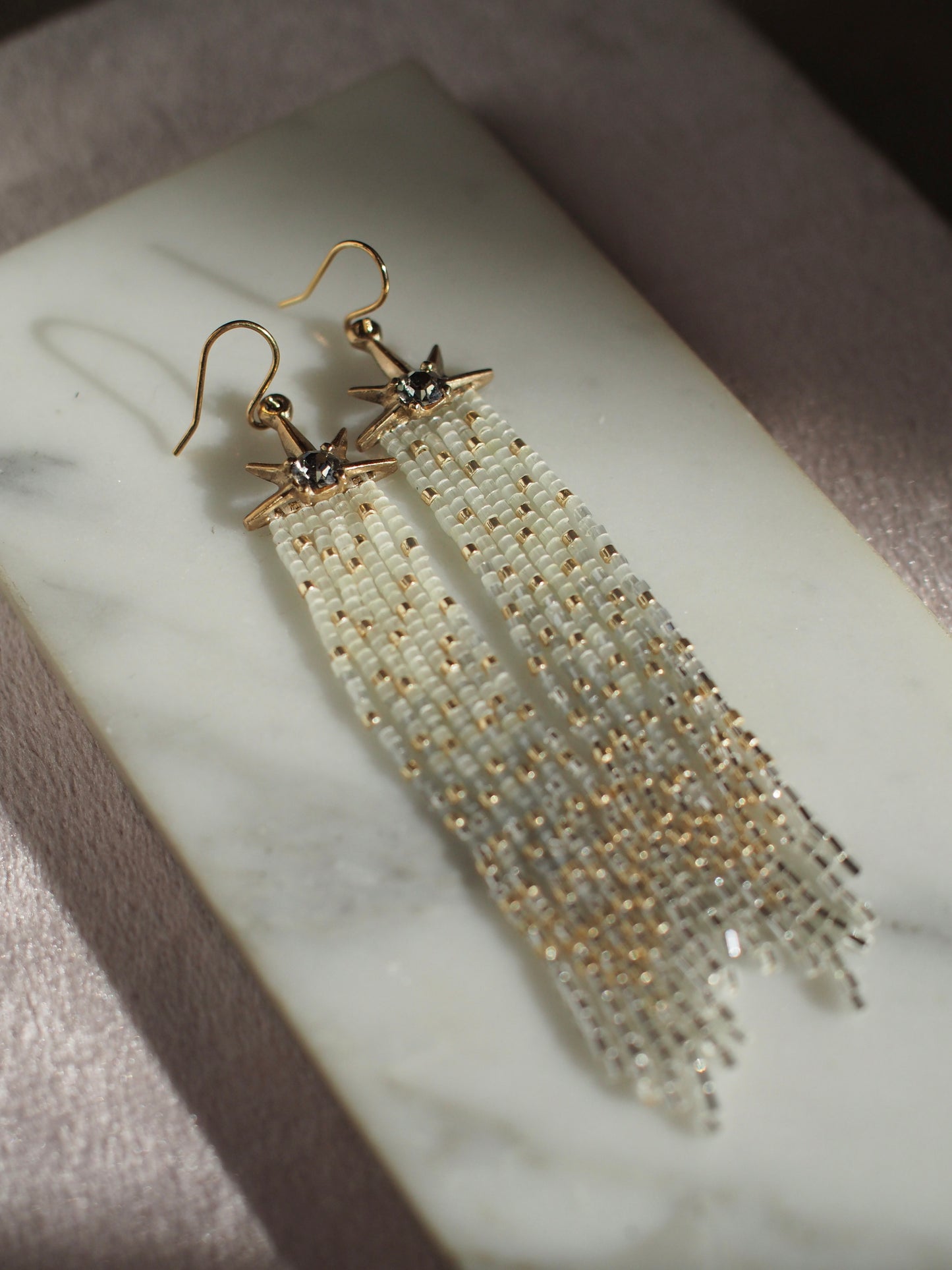 Salt and Pepper Comet Earrings with Beaded Fringe