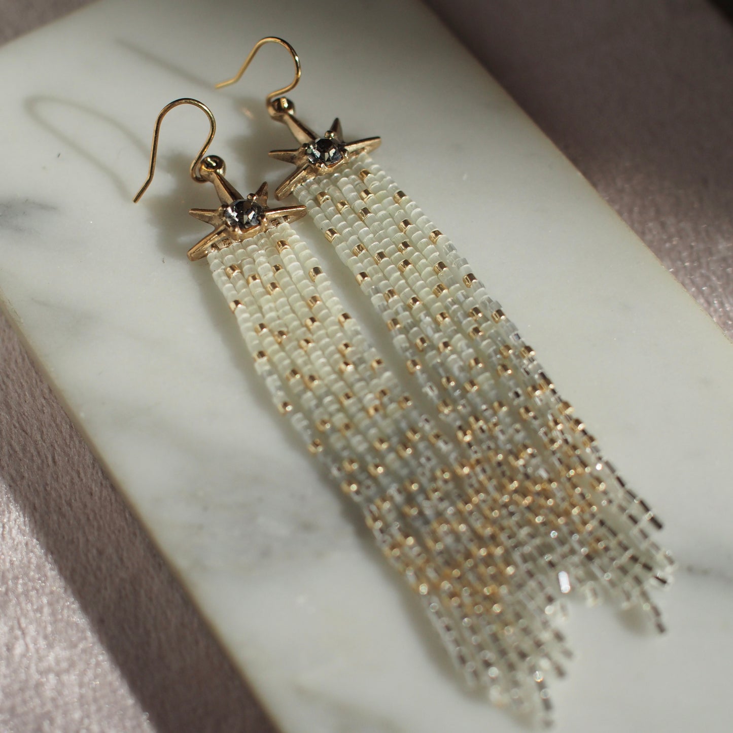 Salt and Pepper Comet Earrings with Beaded Fringe