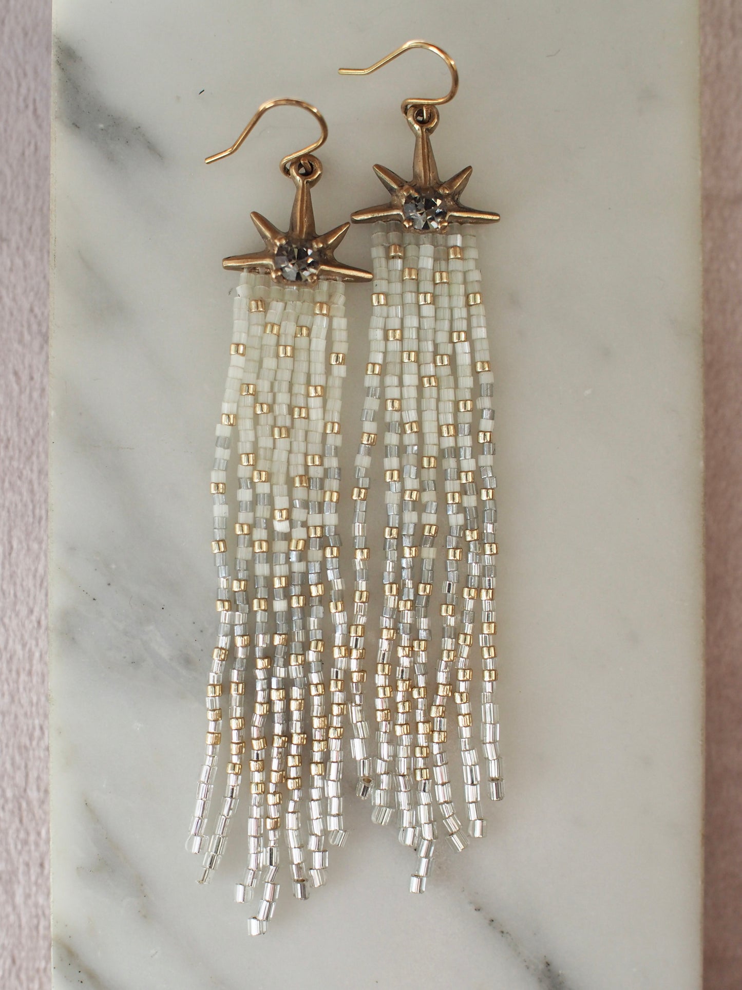 Salt and Pepper Comet Earrings with Beaded Fringe