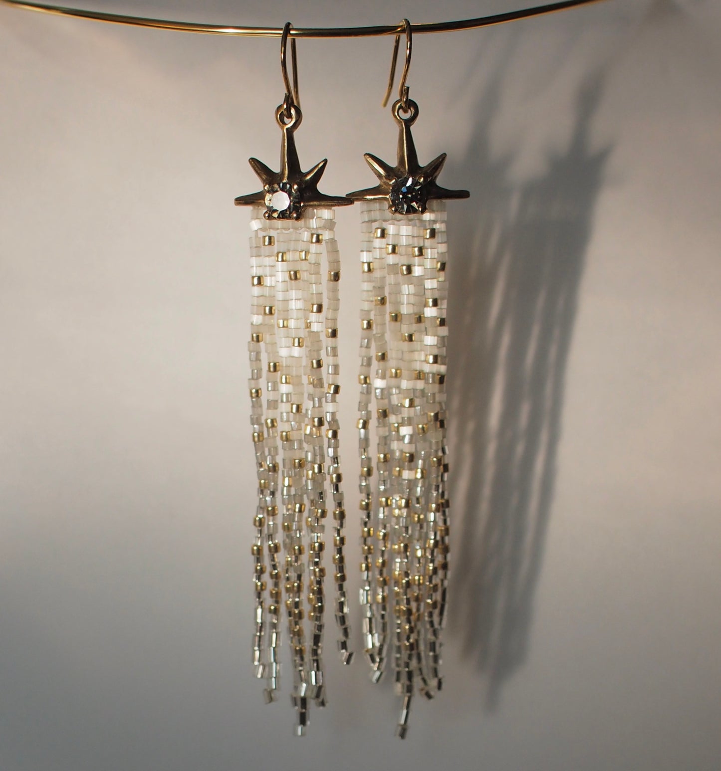Salt and Pepper Comet Earrings with Beaded Fringe