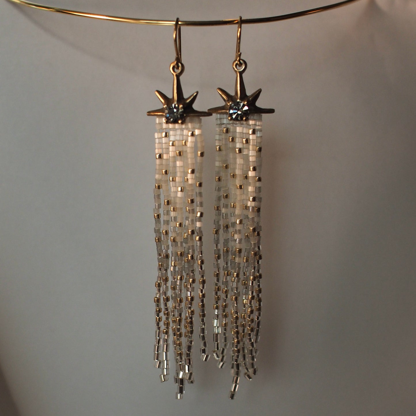 Salt and Pepper Comet Earrings with Beaded Fringe