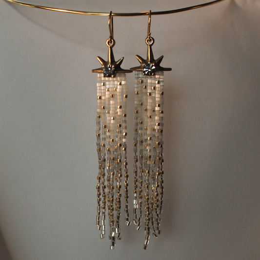 Salt and Pepper Comet Earrings with Beaded Fringe