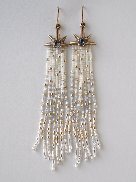 Salt and Pepper Comet Earrings with Beaded Fringe