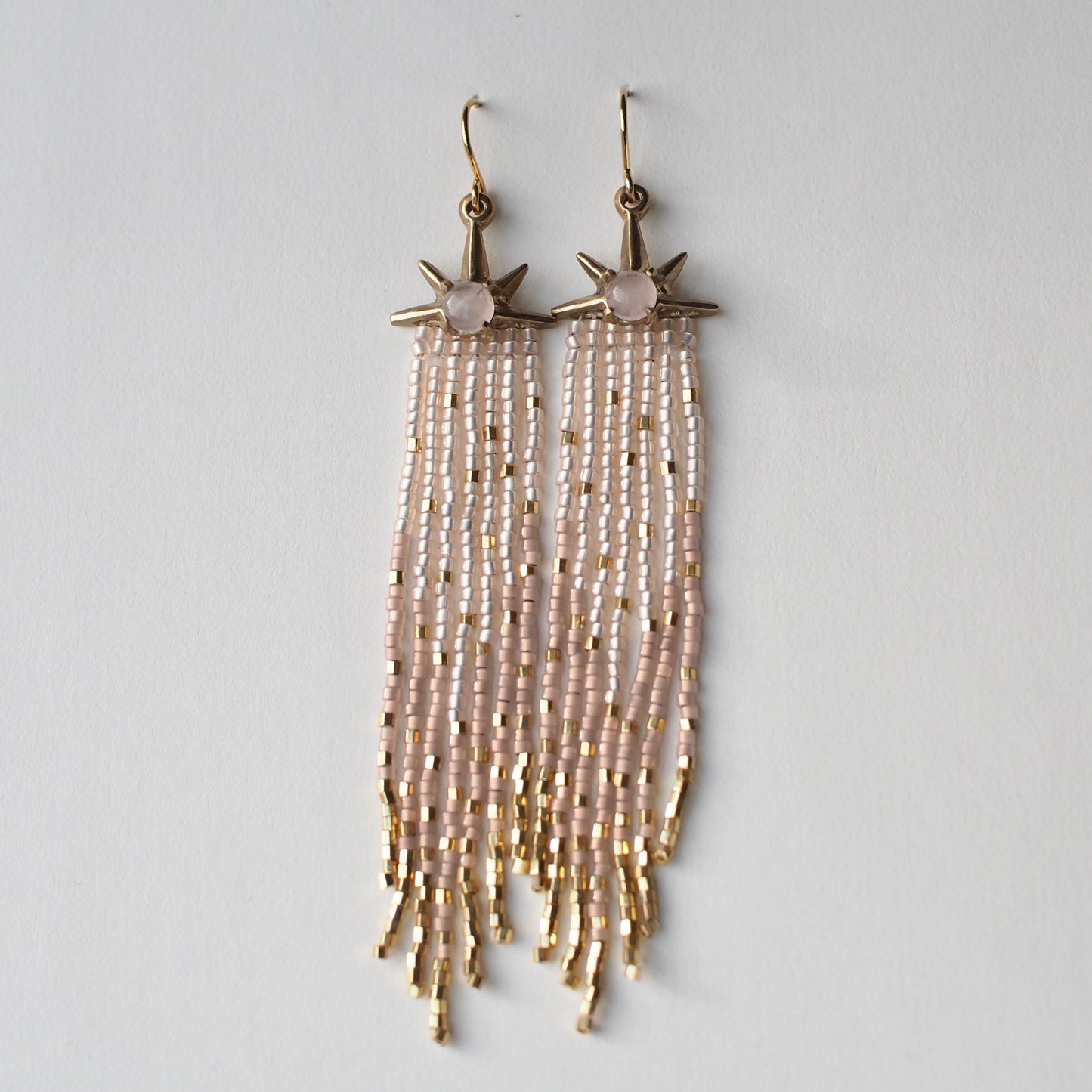Beaded Comet Earrings - Rose Quartz