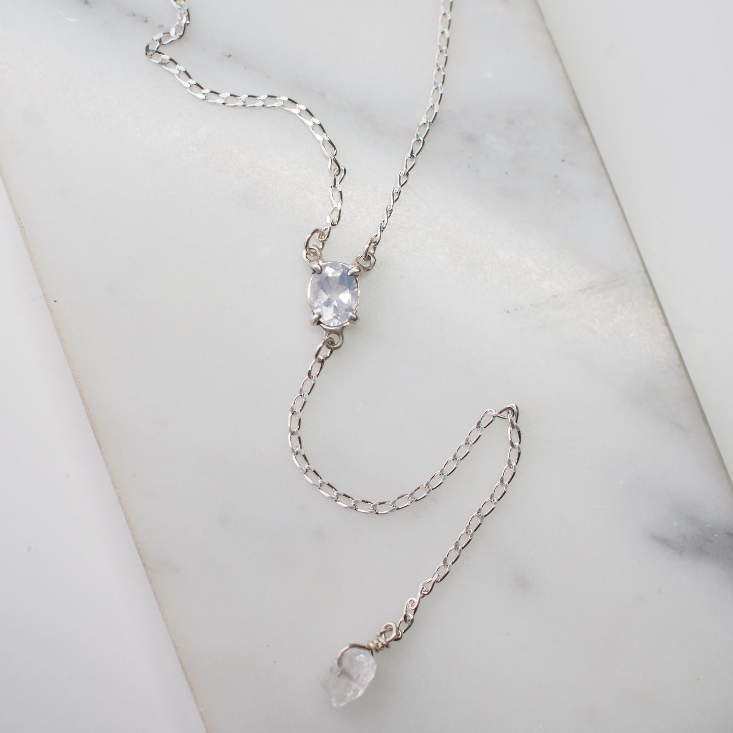 Blue Moon Quartz and Silver Lariat Necklace - One of a Kind