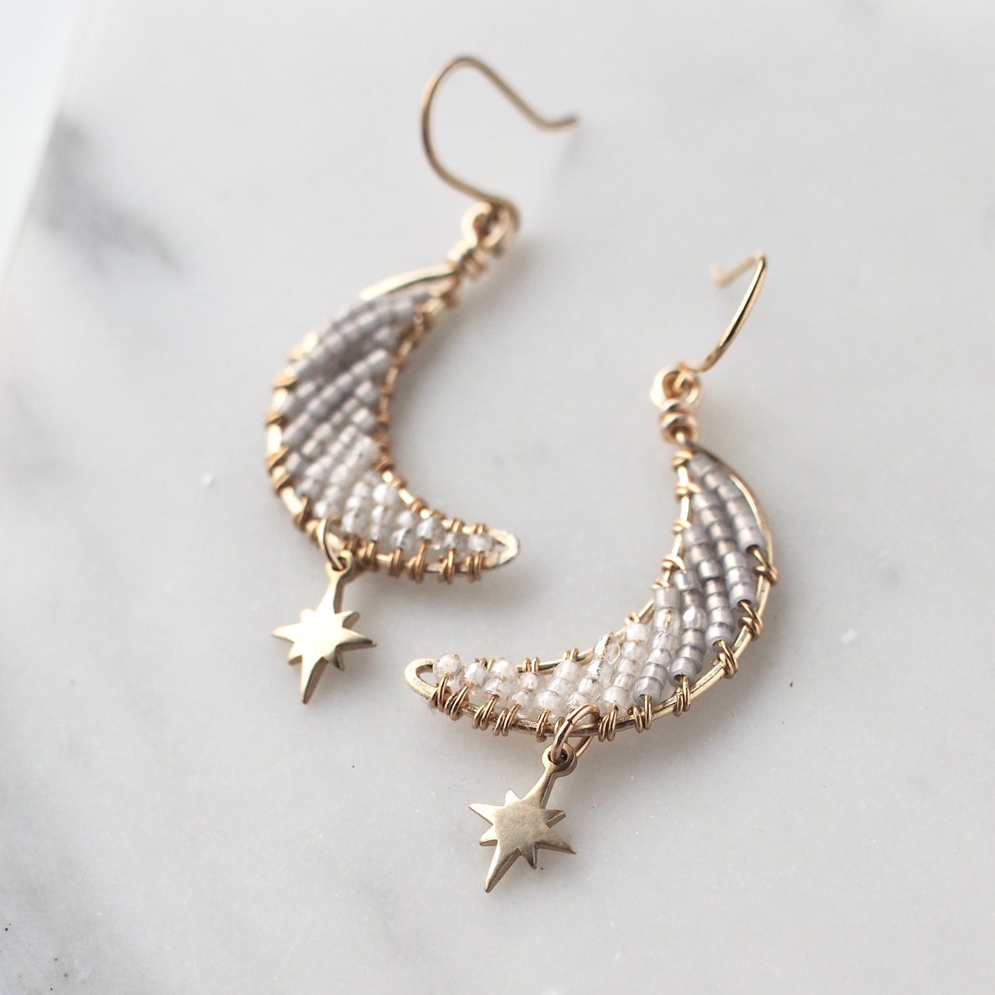 Beaded Moon and Star Charm Earrings