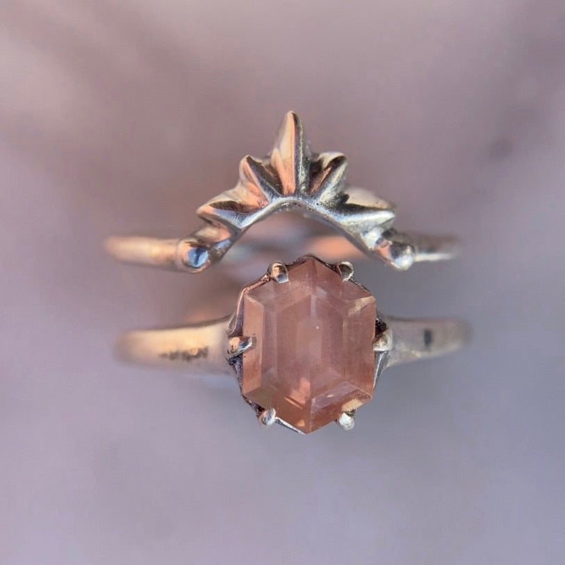 Shimmery Oregon Sunstone hexagonal ring gold tone bronze, handmade by Iron Oxide Designs, stacked with the Sunburst stacking ring.