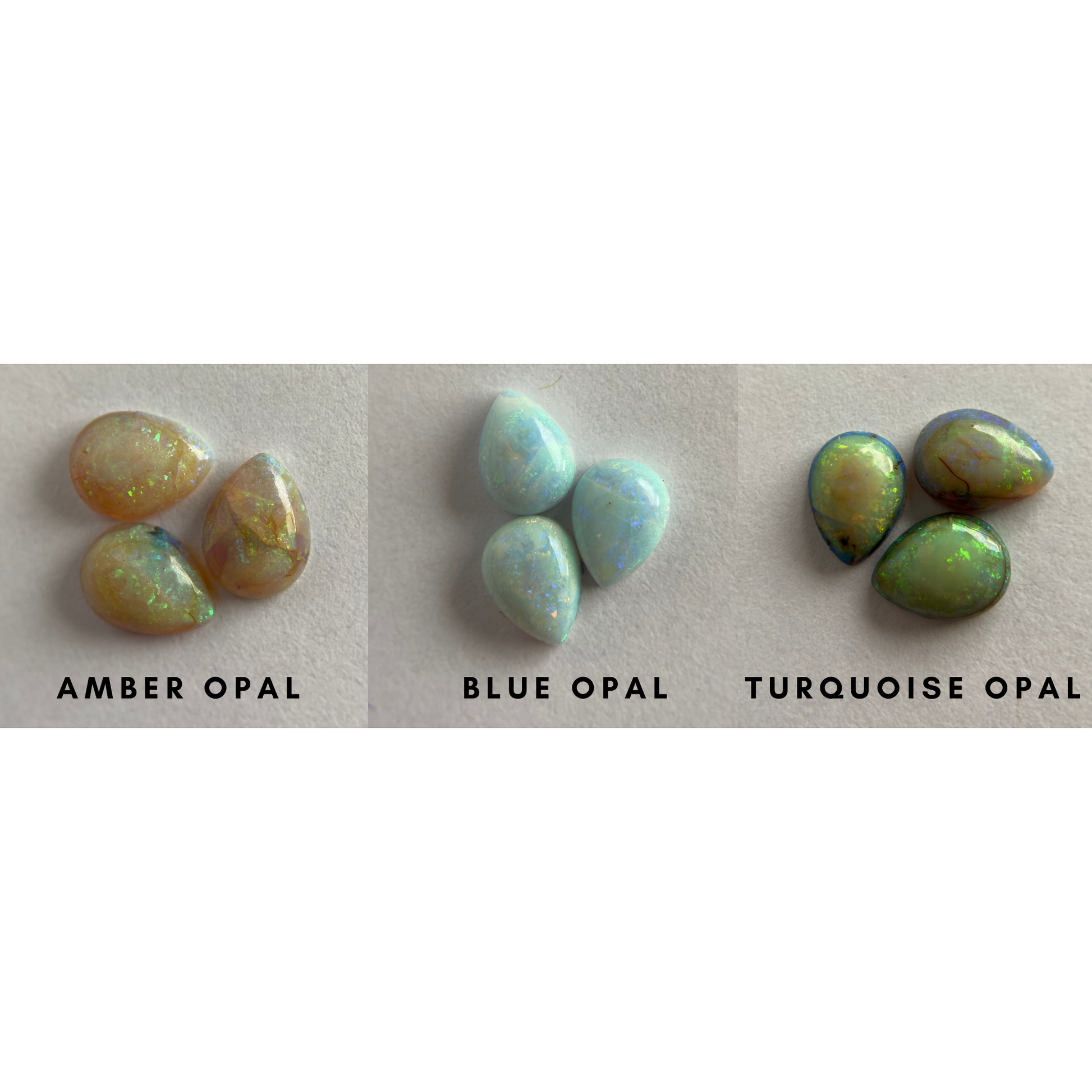 Lab grown opals in three different color ways, amber opal, blue opal and turquoise opal.