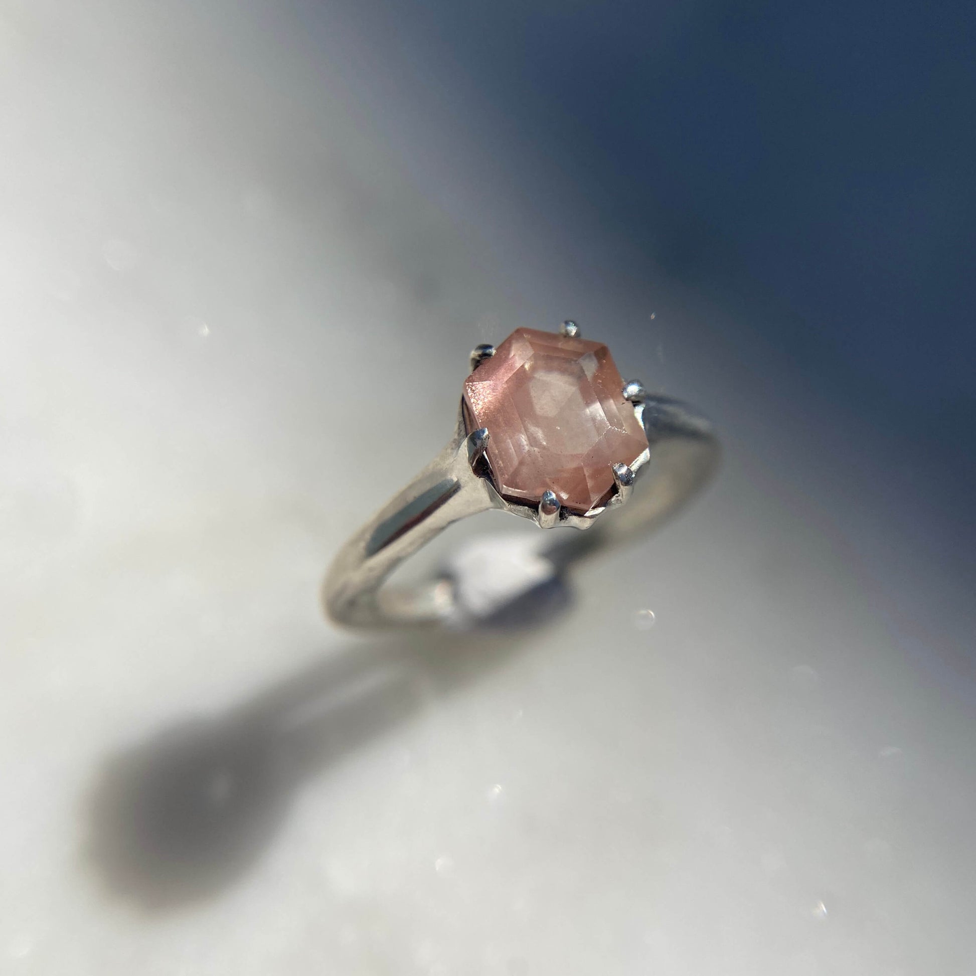 Oregon Sunstone hexagonal ring set in sterling silver, handmade by Iron Oxide Designs