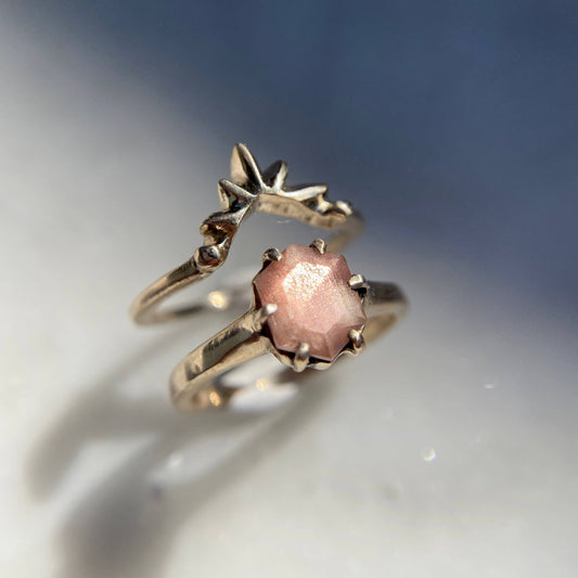 Sunstone Engagement Ring stacked with a Sunburst nesting band, sustainably mined jewelry handmade by Iron Oxide Designs