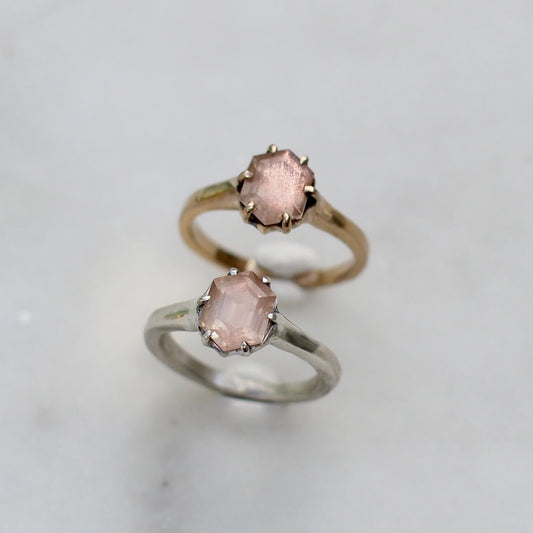 Oregon Sunstone hexagonal rings set in sterling silver or gold tone bronze, handmade by Iron Oxide Designs