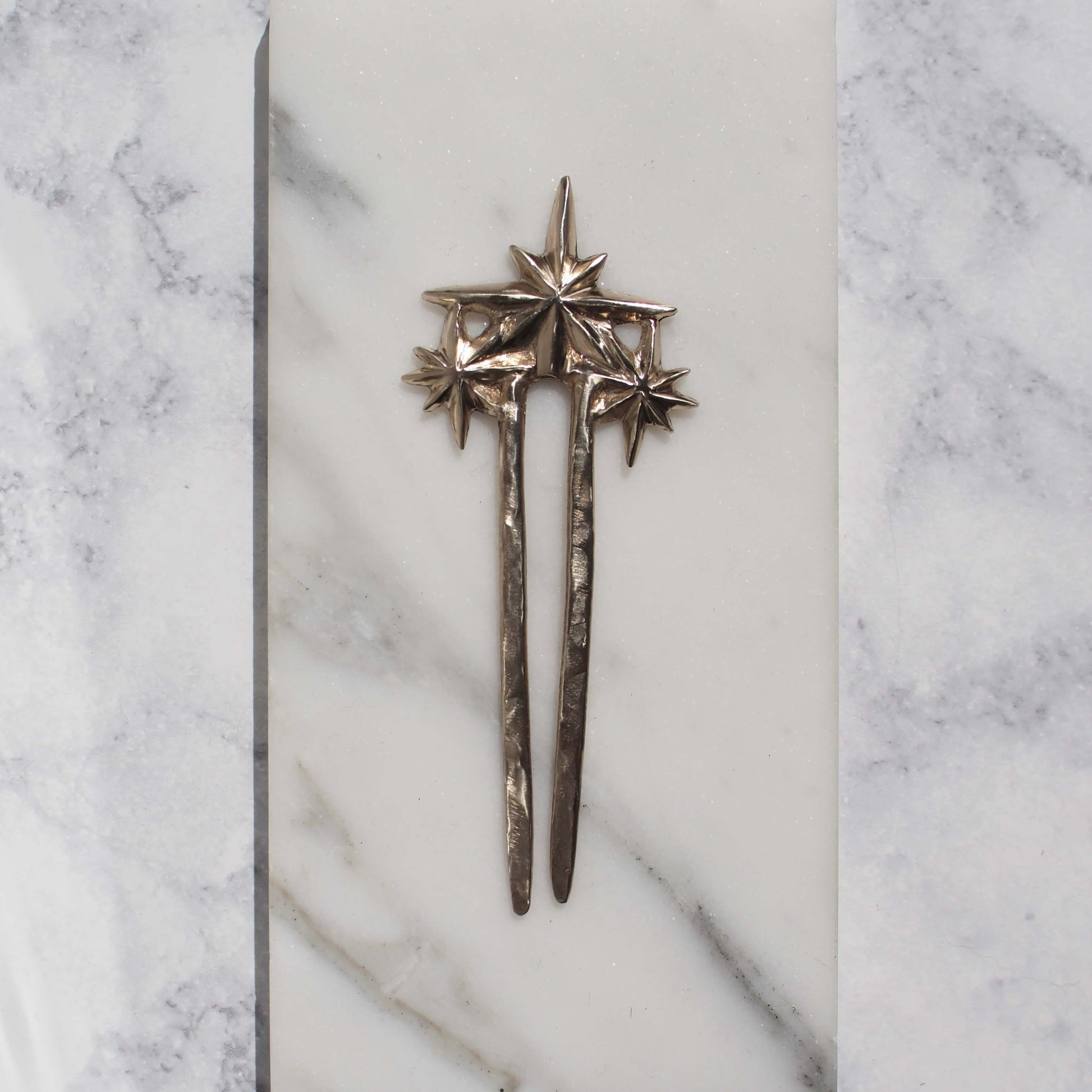 Constellation Star Hair Pin, cast in gold tone bronze, handmade in the USA by Iron Oxide  Edit alt text