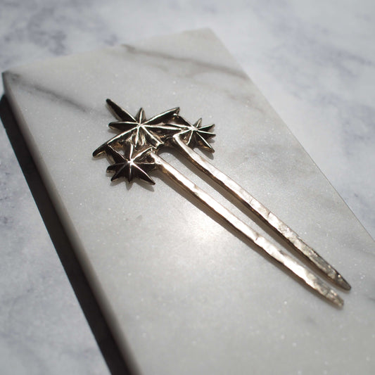 Constellation Star Hair Pin, cast in gold tone bronze, handmade in the USA by Iron Oxide