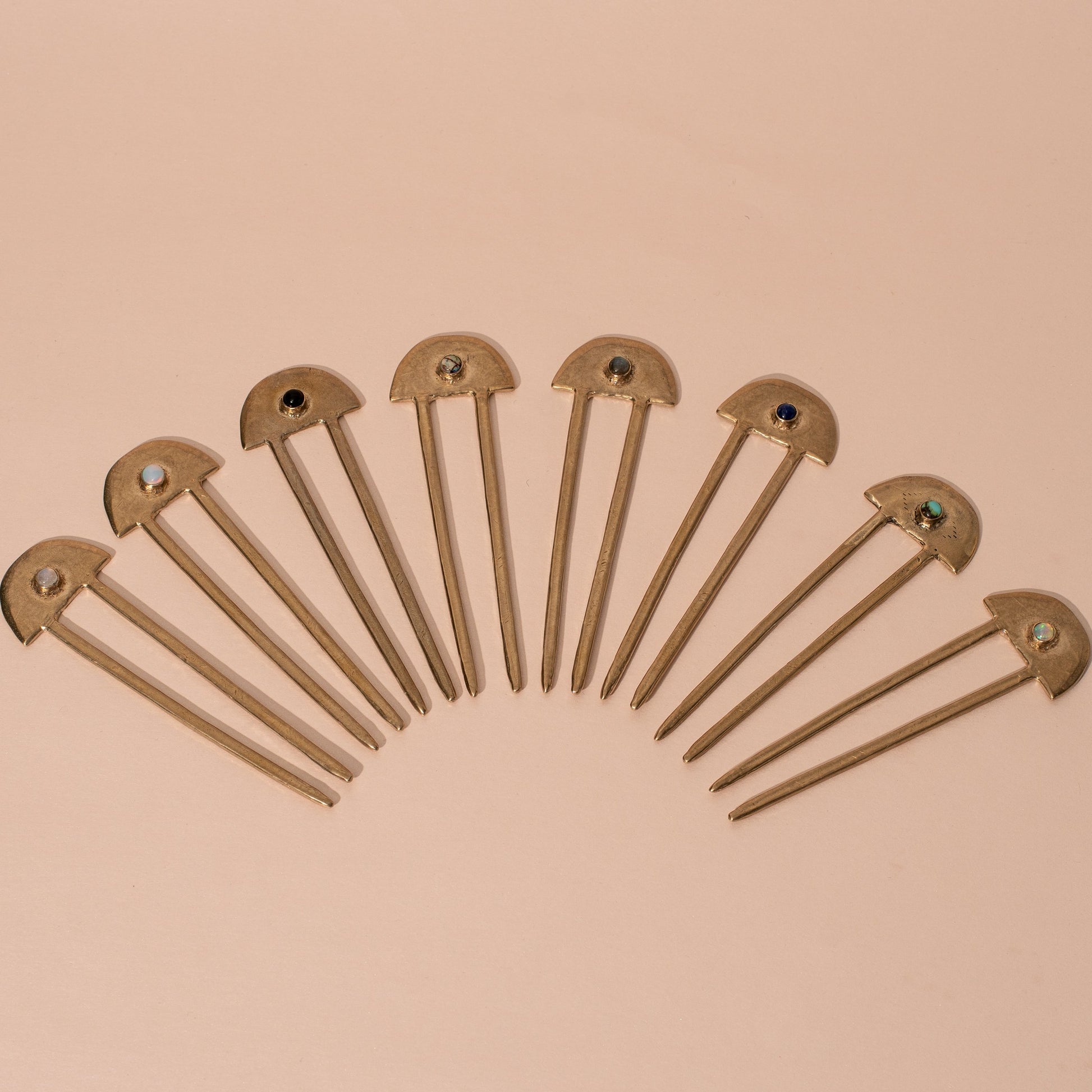 Collection of brass, Iron Oxide hairpins set with a 5mm stones